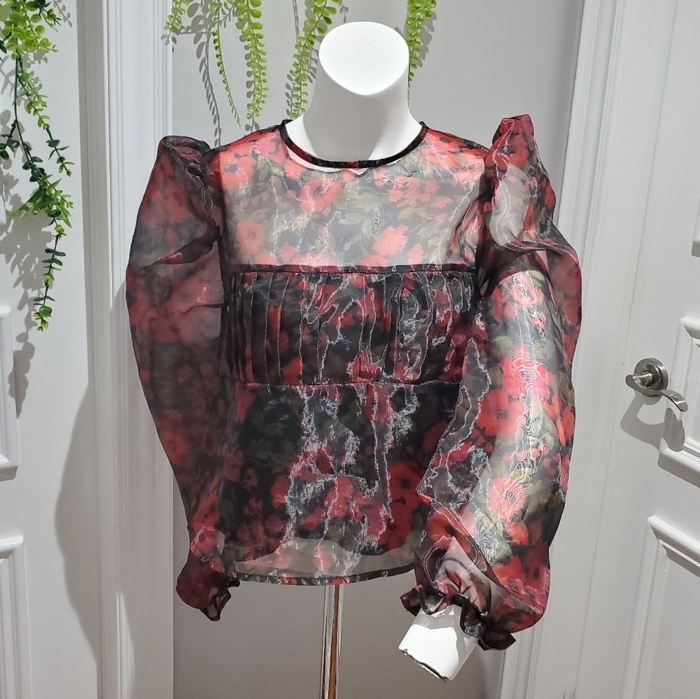 Floral Organza Puff Sleeve Babydoll Top - Picture 4 of 15